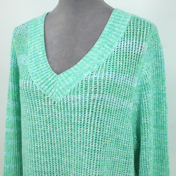 Talbots Sweater Plus Size 2X Green Cotton Chunky Knit Tunic Pullover V neck - Picture 6 of 11